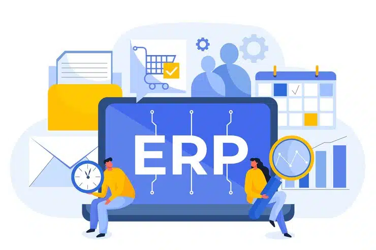 People sitting on a laptop with an ERP screen and business icons