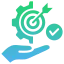 Hand holding a gear and target icon representing our purpose