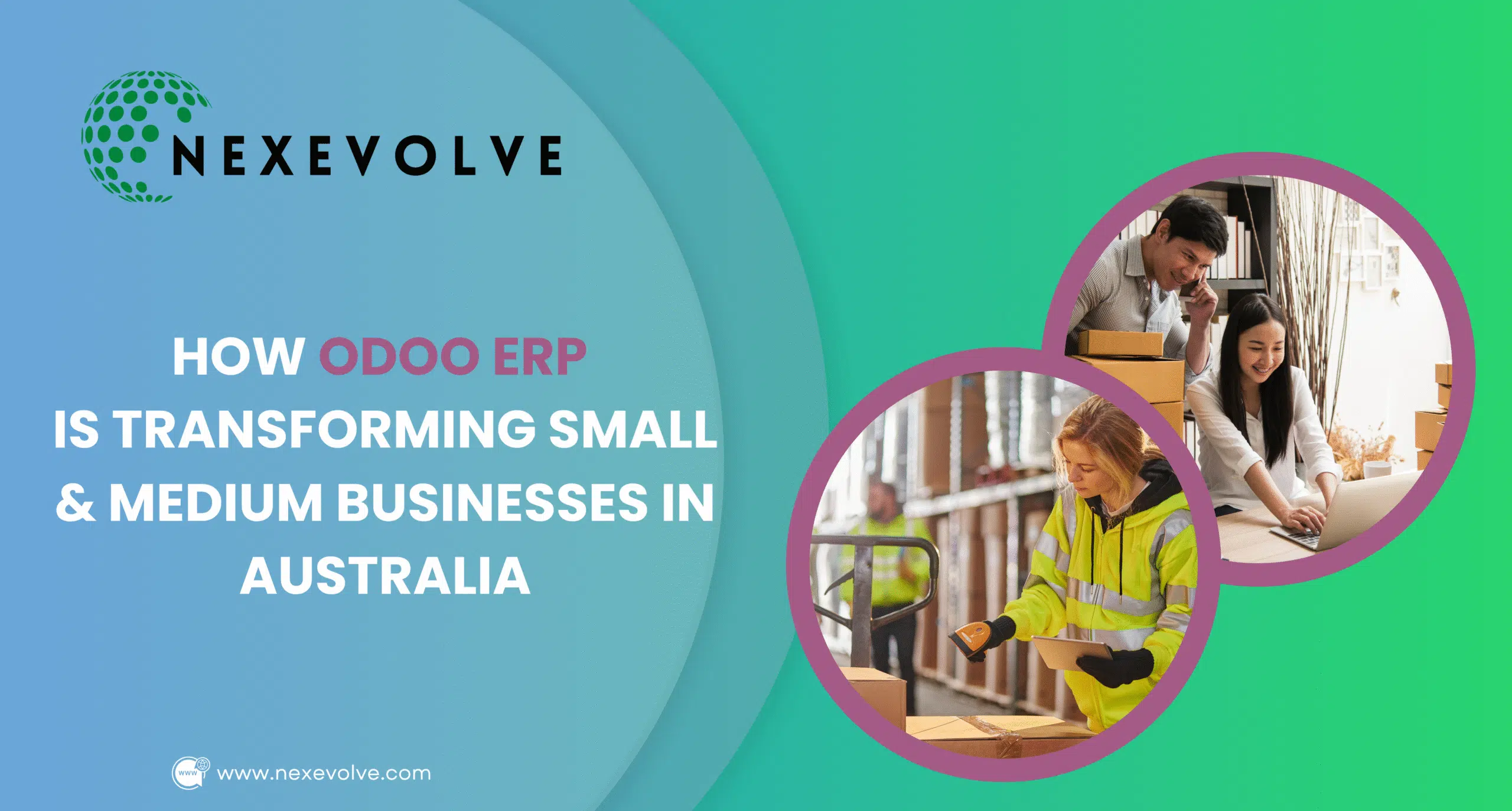 Warehouse worker with a scanner and colleagues at a laptop, representing Odoo ERP for small businesses