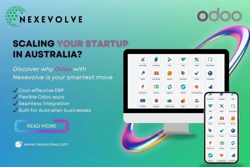 Odoo app icons on desktop and mobile, promoting Odoo for scaling Australian startups