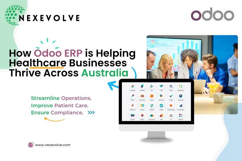 Healthcare professionals reviewing data charts alongside an Odoo dashboard on screen