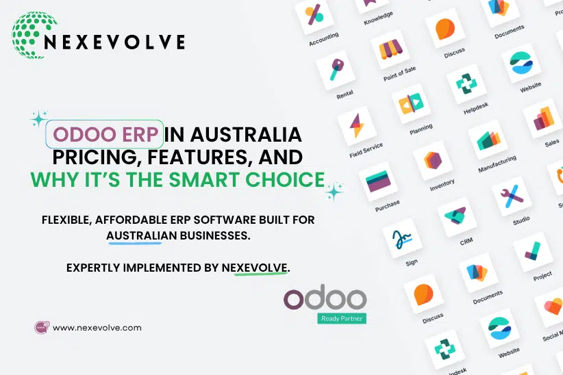 Odoo app icons alongside Odoo ERP pricing, features, and why it's the smart choice text