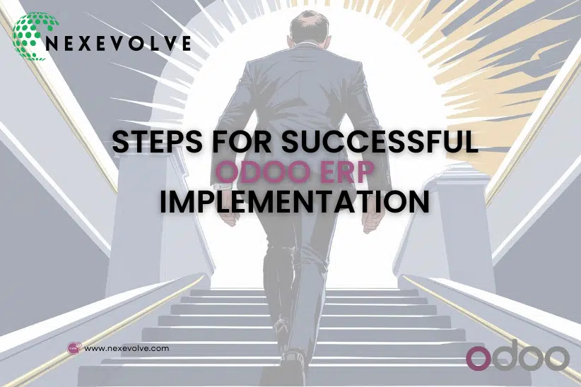 Illustration of a man walking up a glowing staircase, representing steps for successful Odoo ERP implementation