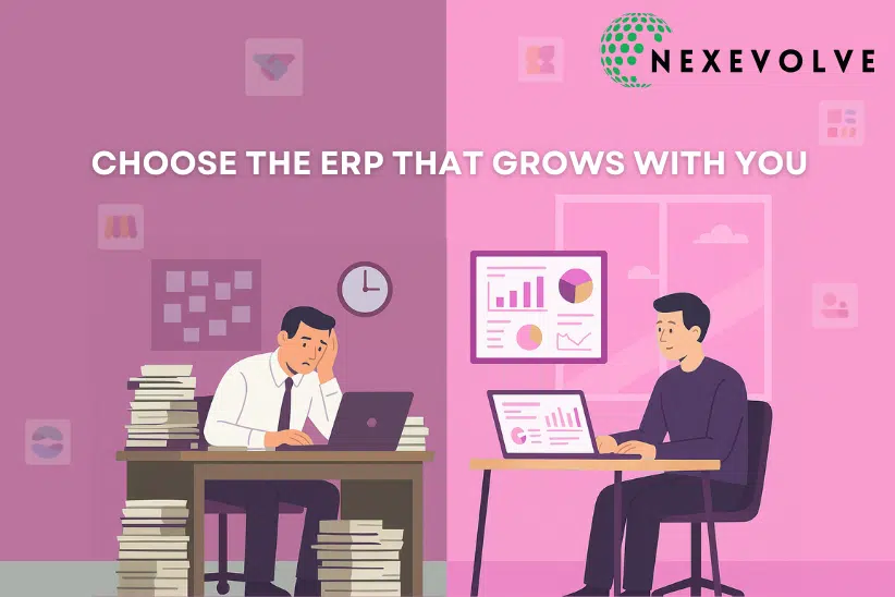 Split illustration of a stressed worker with paperwork versus a relaxed worker using digital dashboards