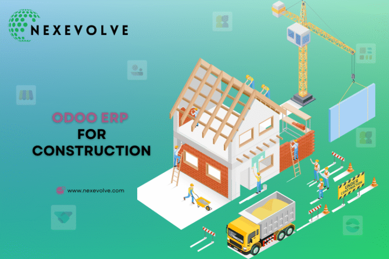 Illustration of a construction site with a crane and workers building a house, representing Odoo ERP for construction