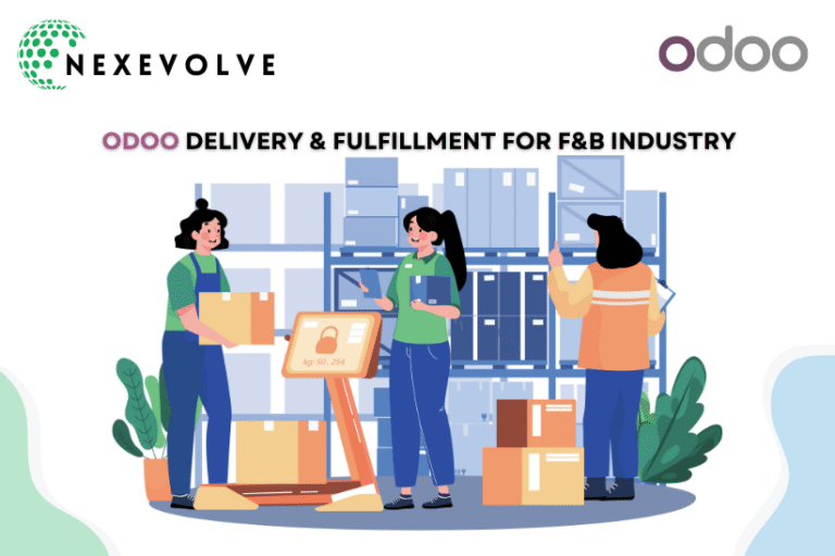 Illustration of warehouse workers managing boxes and a smart scale near shelving, representing Odoo delivery and fulfillment for the F&B industry