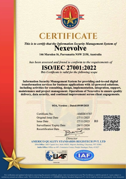 ISO/IEC 27001:2022 certificate awarded to Nexevolve for information security management