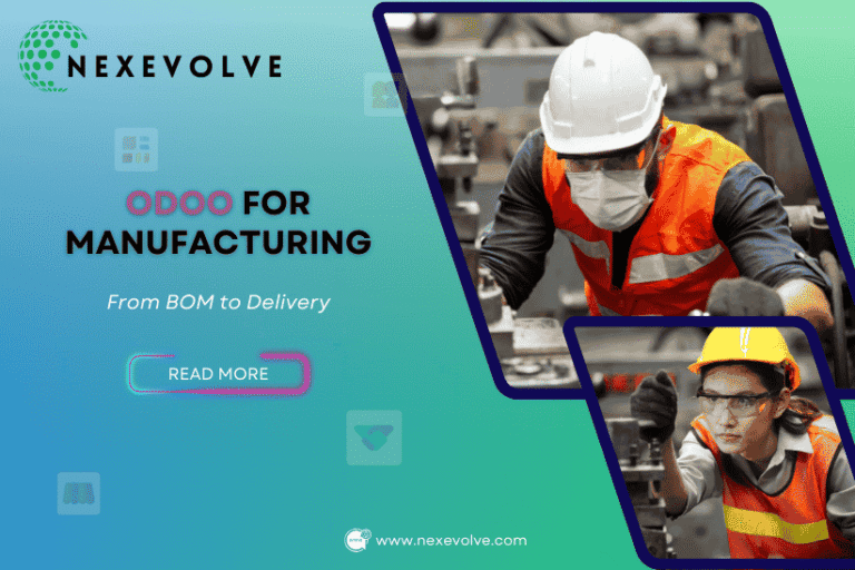 Odoo for Manufacturing blog banner showing factory workers, from BOM to delivery