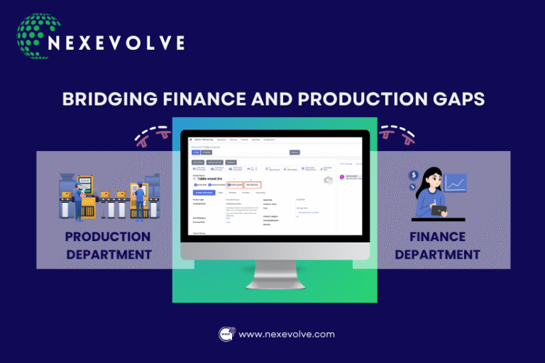Illustration showing production and finance departments connected through a shared ERP dashboard