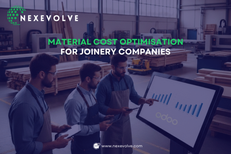 Workers in a joinery workshop reviewing cost data on a screen with the Odoo logo, surrounded by timber materials