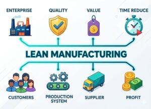Diagram of lean manufacturing principles linking enterprise, quality, value, time, customers, production, supplier, and profit