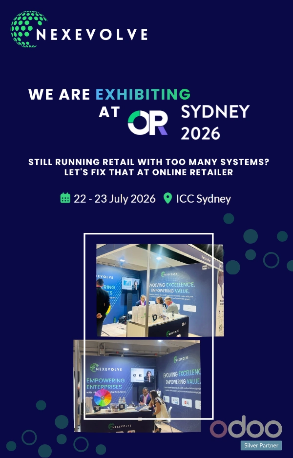 Promotional graphic for Nexevolve's Online Retailer Sydney 2026 booth, with photos of the team at the event