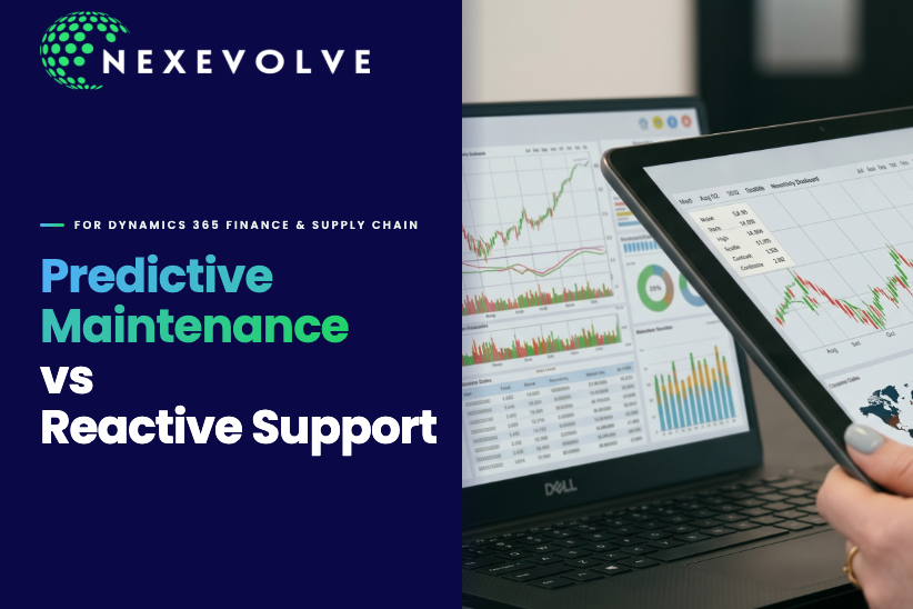 Predictive maintenance vs reactive support for Dynamics 365 Finance and Supply Chain — dashboard analytics on tablet and laptop screens
