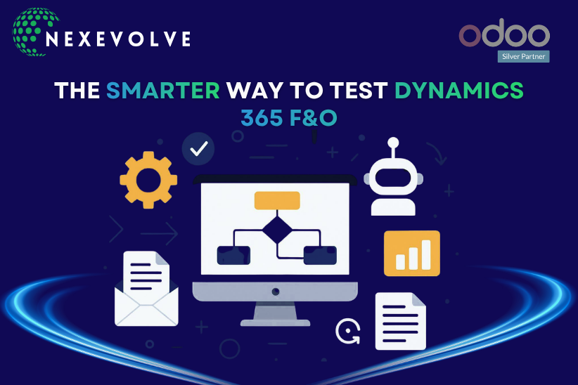 Banner graphic for Nexevolve's blog 'The Smarter Way to Test Dynamics 365 F&O,' showing automation icons (gear, robot, workflow diagram, checkmark, reports) alongside the Nexevolve and Odoo Silver Partner logos