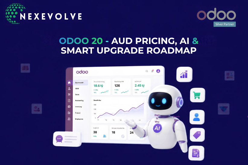 Odoo 20 banner reading 'AUD Pricing, AI & Smart Upgrade Roadmap,' with an Odoo dashboard preview and AI assistant illustration, from Nexevolve, an Odoo Silver Partner.