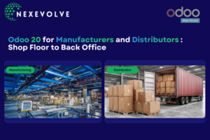 Odoo 20 for manufacturers and distributors: a factory production line and a warehouse with a loaded freight truck