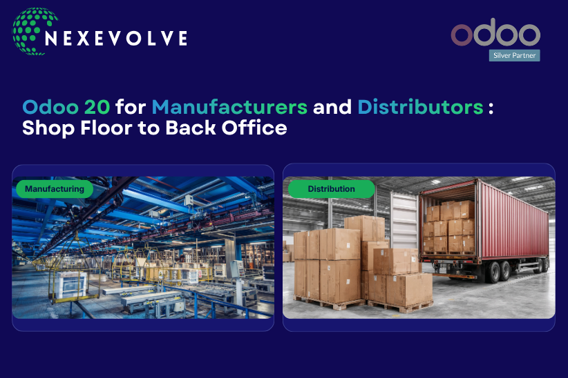 Odoo 20 for manufacturers and distributors: a factory production line and a warehouse with a loaded freight truck