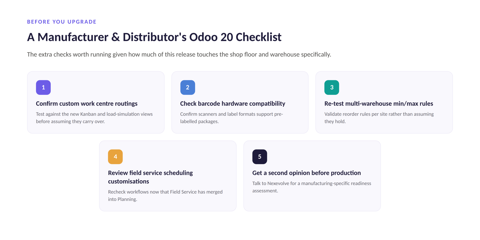 Odoo 20 upgrade checklist for manufacturers and distributors: work centre routings, barcode hardware, multi-warehouse rules, field service and a readiness assessment